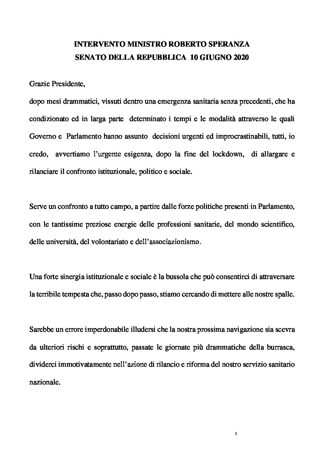 DISCORSO INTEGRALE MINISTRO SPERANZA AL SENATO